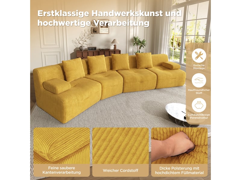  Canapé modulable 4 places en velours côtelé jaune 311 x 90 x 65 cm ZR2060311Y - Conforama D