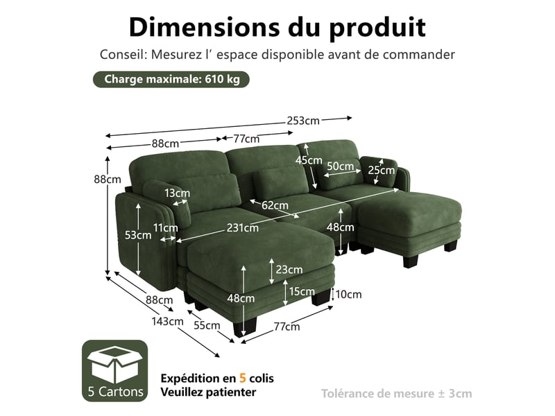 Canapé droit modulable 253 cm 3 places avec 2 poufs, coussins d’accoudoir amovibles, coussins lombaires épais à soutien renforcé, chenille, vert  - Conforama D