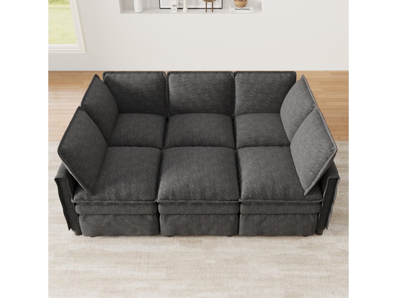  Canapé modulable 344x127x91 cm avec fonction couchage et pouf mobile, gris  - Conforama E