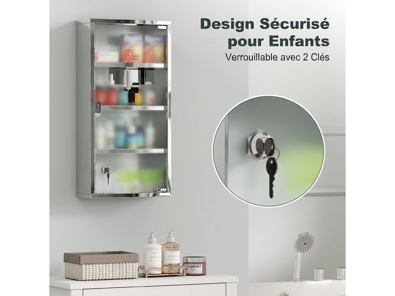 Armoire à pharmacie 3 étagères 4 niveaux 30l x 12l x 60h cm porte verre trempé symbole croix acier brossé inoxydable - Conforama E