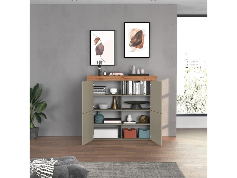 Buffet de salon moderne chronos avec 4 portes et 8 étagères - gris tourterelle  - Conforama D
