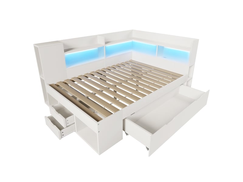  Lit banquette 140x200 cm, tiroirs, éclairage led, usb et usb-c, sommier à lattes, étagères, grand rangement pour chambre - blanc  - Conforama A