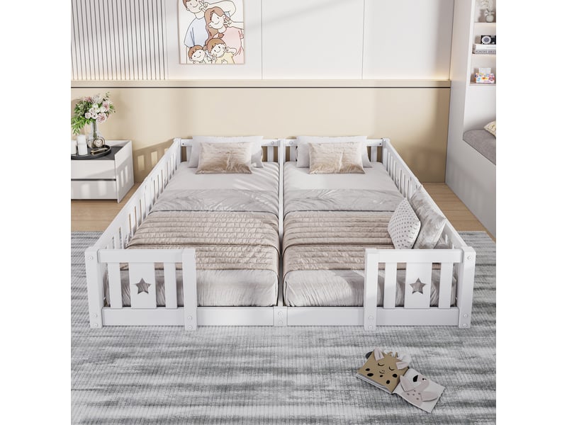  Lit 140x200cm - lit enfant 140x200 - lit double au sol en bois massif avec barrières de protection et motifs étoiles - blanc  - Conforama D