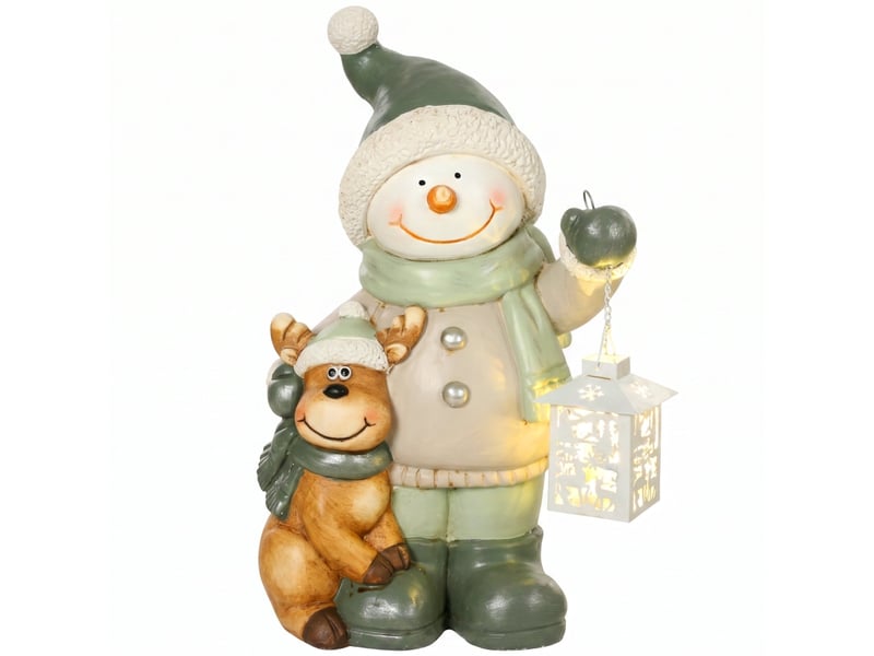 Bonhomme de neige 43 cm en mgo avec lanterne led et minuterie, pour entrée et zone de porte - Conforama A