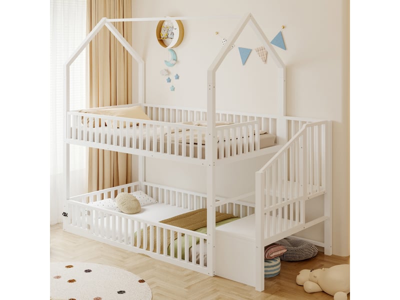  Lit superposé pour enfant 90x200 cm - lit en métal - avec escalier - avec une petite porte - blanc (matelas non inclus)  - Conforama E