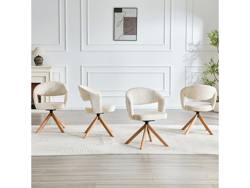 Chaise de salle à manger pivotante 2 pièces avec dossier courbé et base en bois, en velours côtelé, blanc crème - Conforama D