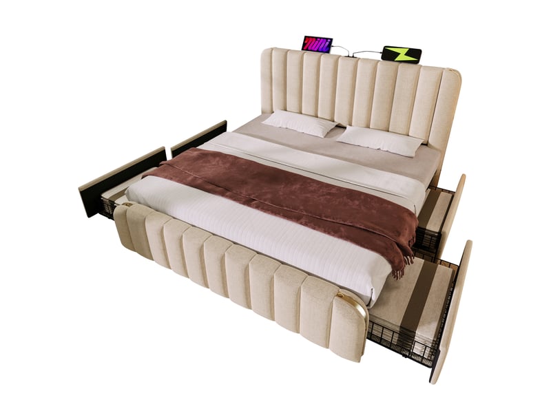  Lit double rembourré 160 × 200 cm avec 4 tiroirs, usb, type-c et matelas à ressorts inclus, en lin beige  - Conforama A