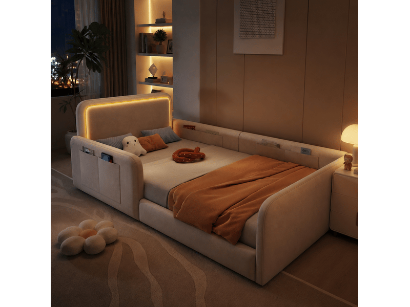  Lit rembourré 90x200 cm avec led et rangements coloris beige  - Conforama D