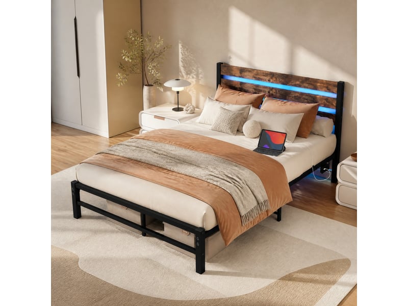  Lit simple 120×200 cm avec usb - okmyhome- led réglable et rangement, sans matelas, mdf et métal marron  - Conforama C