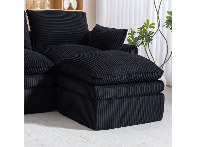  Canapé d'angle modulaire 4 places en velours côtelé noir avec 2 poufs et poches latérales, confort durable  - Conforama D
