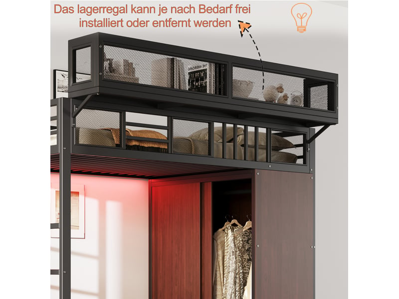  Lit mezzanine enfant 90x200 cm – noir – armoire, rangements, led et échelle sécurisée - sans matelas  - Conforama E