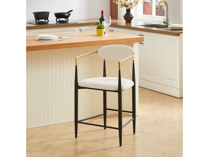 Tabourets de bar lot de 2 avec accoudoirs - lpospi - réglage 1 cm, cadre métal noir et doré - tissu beige - Conforama E