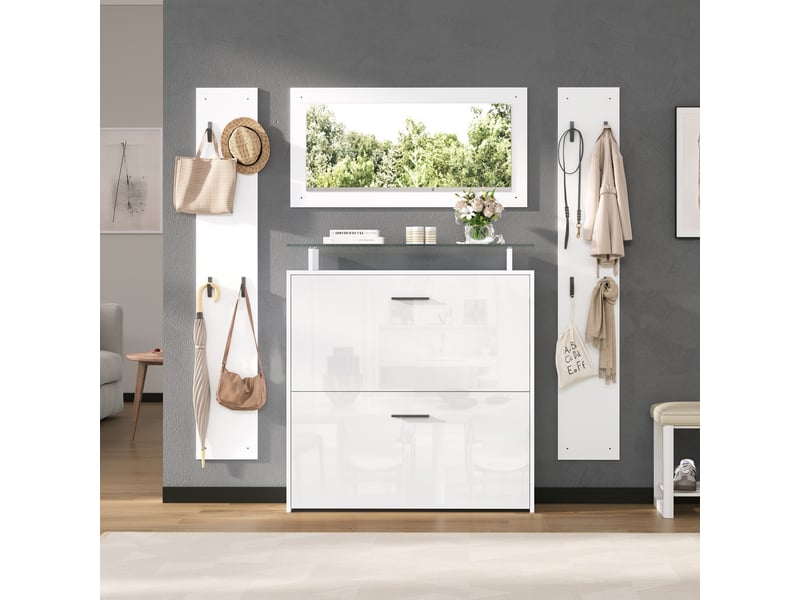  Ensemble meuble d'entrée complet 4 pièces, vestiaire de couloir gain de place avec meuble à chaussures miroir et 8 patères, style scandinave, blanc  - Conforama B