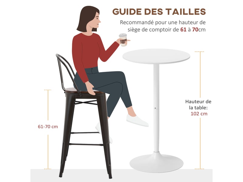  Table de bar ronde table de bistro mange-debout table de cuisine style contemporain plateau peint et cadre en acier  - Conforama W