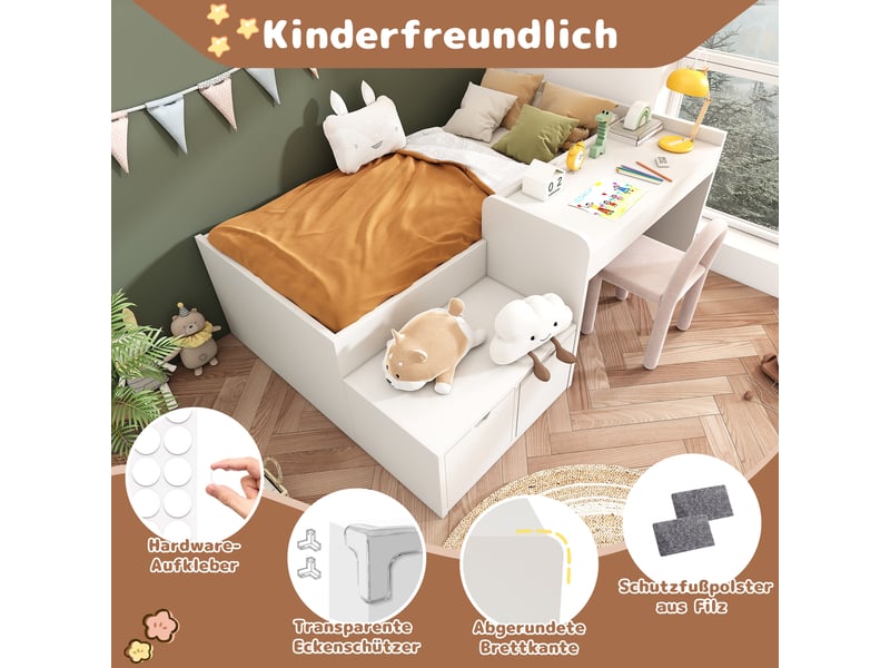  Lit enfant avec bureau et tiroirs de rangement, lit simple 90x200 en bois massif blanc, avec sommier  - Conforama R