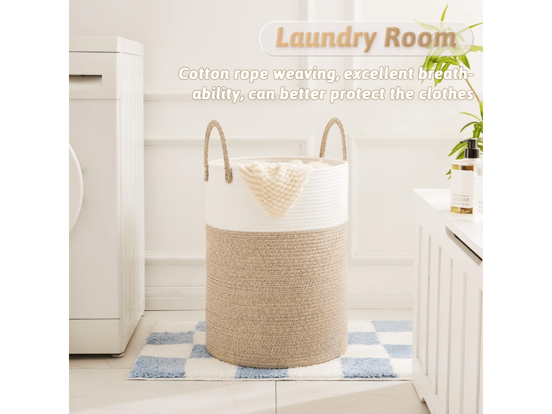  Panier à linge en corde de coton tressé 60 litres pour ranger vêtements sales ou jouets, kaki  - Conforama B