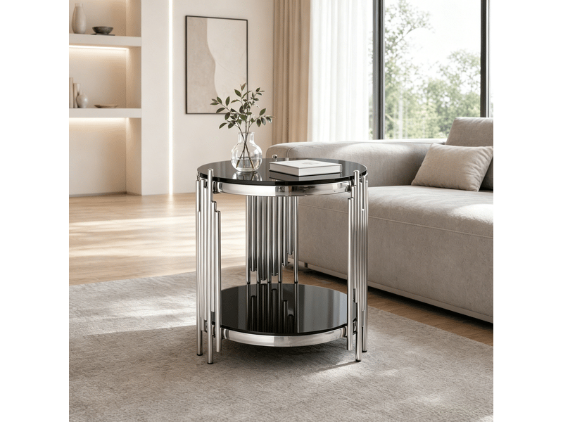  Table d'appoint ronde, 2 niveaux, table de salon, usage quotidien, en verre trempé et acier inoxydable, noir et argenté  - Conforama A