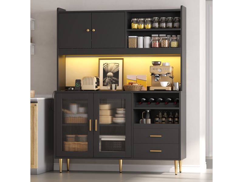 Armoire colonne cuisine 130x40x172 cm noire avec led rgb, prises intégrées, porte-bouteilles, étagères coulissantes, 2 tiroirs et rangement moderne  - Conforama B
