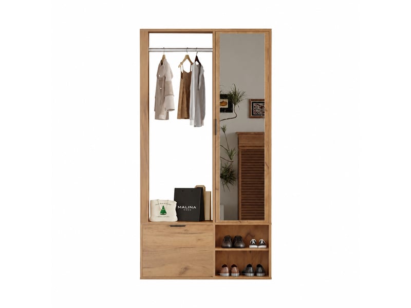  Meuble d’entrée avec miroir et penderie ouverte, 9 rangements, 100 x 33 x 190 cm, bois naturel  - Conforama A