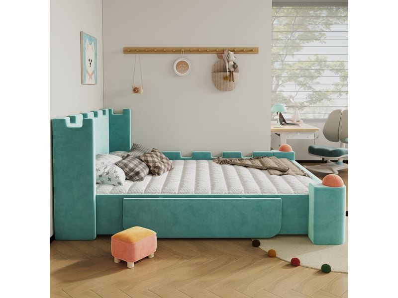  Lit enfant 140x200 cm - lit double 140x200 - avec tête de lit château, tablette rabattable et tiroir de rangement - velours  - bleu  - Conforama E