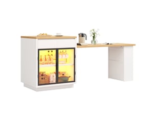 Îlot de cuisine 194.5x70x94 cm - éclairage led - extensible - 6 places - 2 à 6 personnes - grand rangement - portes vitrées - 2 tiroirs - blanc