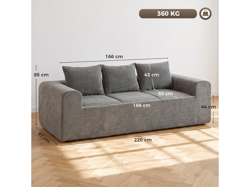 Canapé design arrondi 3 places larges accoudoirs 3 coussins tissu chenille gris  - Conforama C