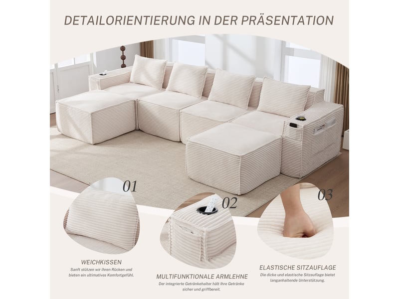 Canapé droit modulable 4 places 330 x 162 x 75 cm avec 2 poufs, assise à ressorts et porte-gobelets, velours côtelé, beige Morn Vibe - Conforama E