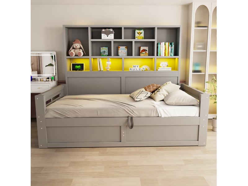 Lit jeune, lit simple, 90x200 cm, couchage individuel, doté d’un espace de rangement, led, prises, mdf, coloris gris  - Conforama D