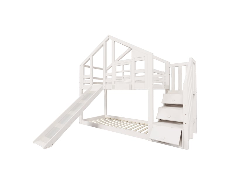 Lit superposé cabane - 90x200 cm - toboggan - rangement - certifié en 747-1:2024 - Conforama R