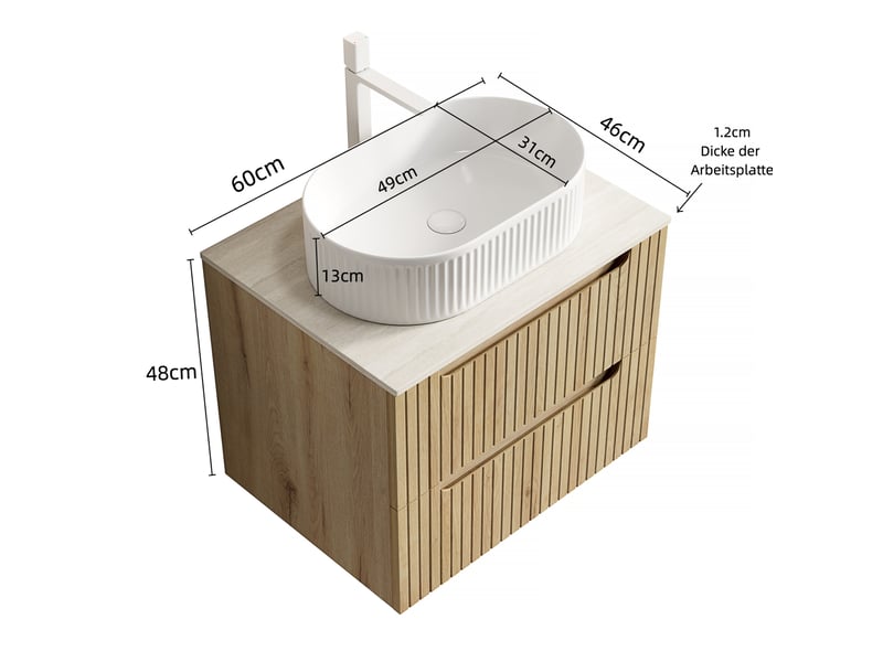 Meuble sous vasque suspendu avec 2 tiroirs et vasque ovale pour salle de bain blanc chêne clair 60 × 46 × 62,2 cm - Conforama C