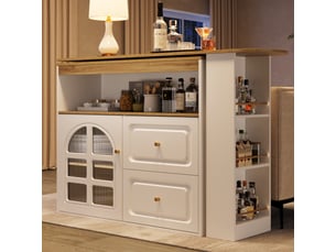 Table de bar pivotante à 360 degrés, îlot de cuisine extensible blanc avec rangements et portes en verre, 138-204cm
