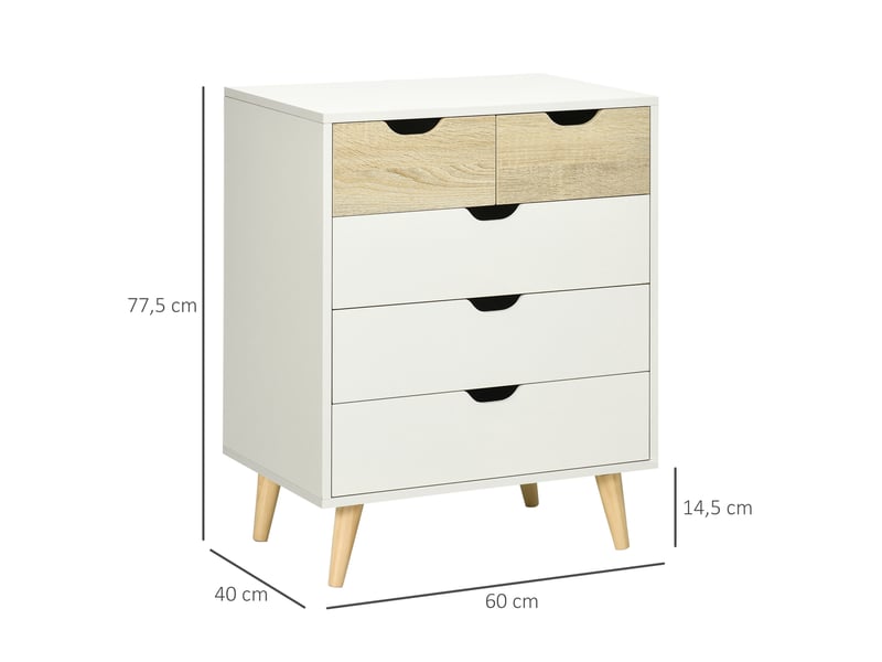  Commode 5 tiroirs meuble de rangement 4 pieds biseautés - bois, 60 x 40 x 77,5 cm, blanc  - Conforama C