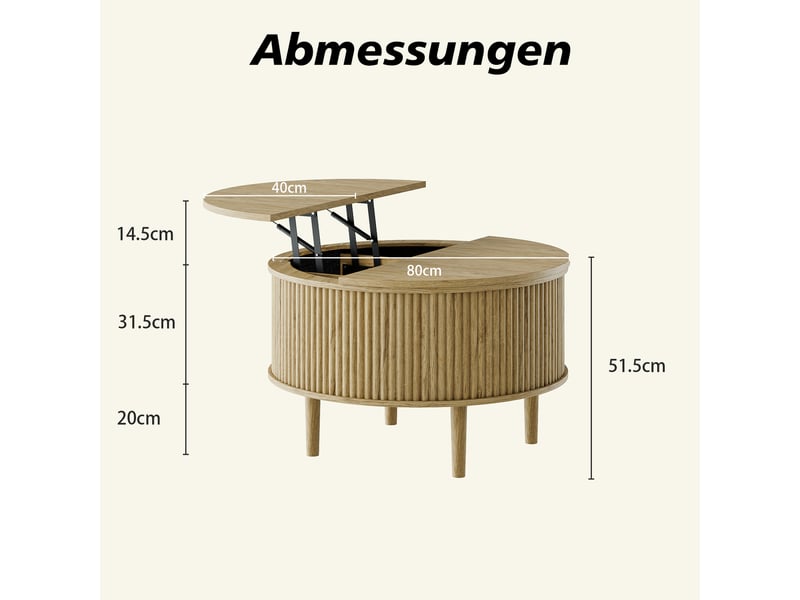  Table basse ronde réglable bois naturel, plateau coulissant, hauteur ajustable, 80 × 80 × 50 cm  - Conforama C