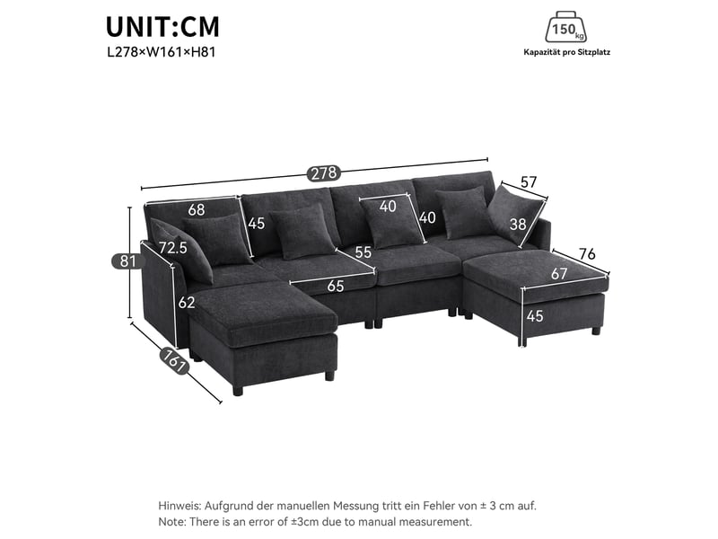  Canapé modulable gris en chenille avec 2 poufs et 6 coussins  - Conforama E