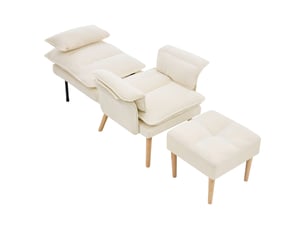 Fauteuil relax inclinable 5 positions, avec repose-pieds, rembourré, coussins pour tête et accoudoirs, pieds en bois, beige