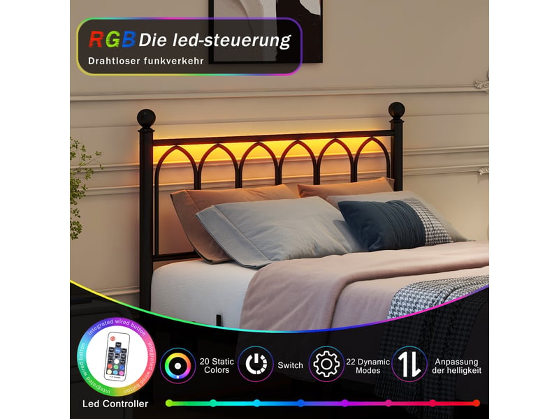  Lit simple 120x200 cm avec led et usb-c, cadre de lit adulte en métal avec tête et pied de lit vintage, lit 1 personne, noir  - Conforama D