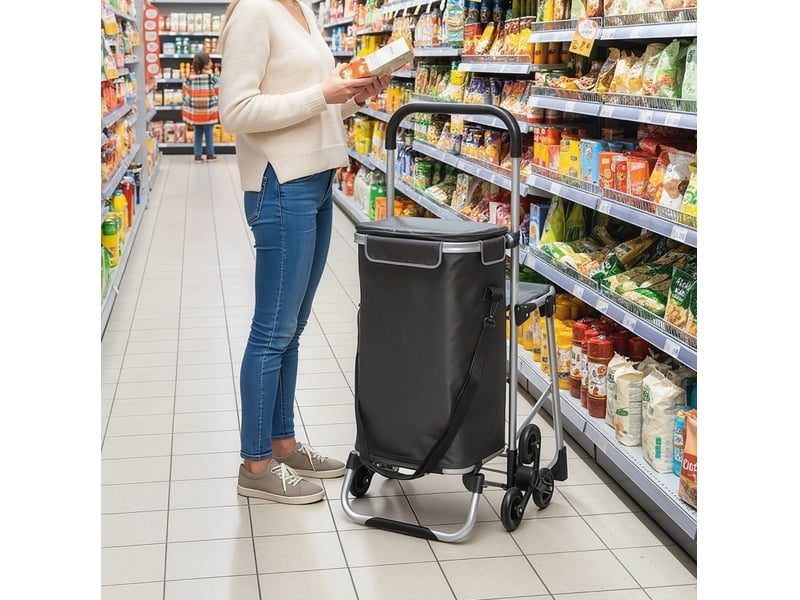  Chariot de courses 59,5 x 46 x 97 cm – gris foncé – 40 l, 3 roues monte-escaliers avec siège pliant  - Conforama B