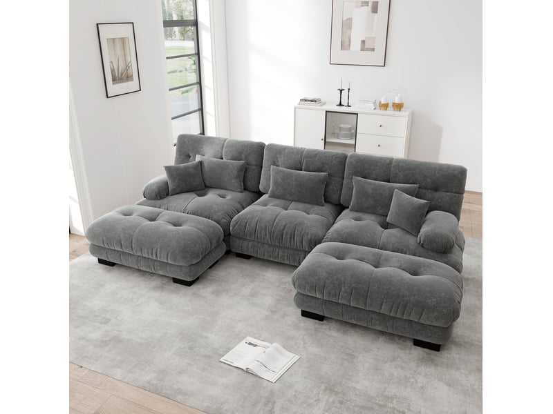 Canapé d'angle modulable en u 3 places gris en chenille avec poufs mobiles - Conforama D