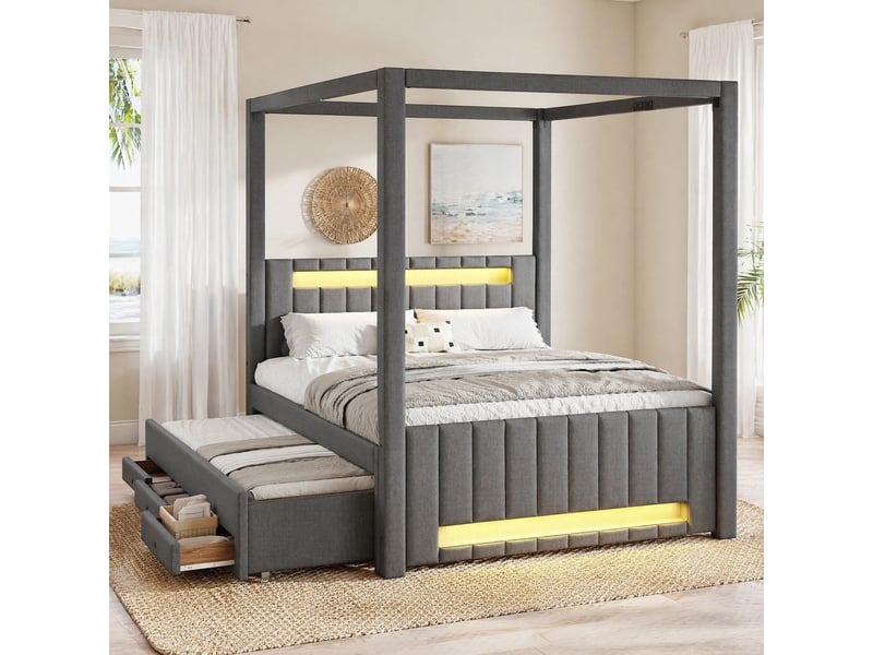  Lit baldaquin 140x200 cm gris avec lit gigogne, 3 tiroirs et led  - Conforama E