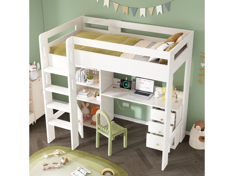  Lit mezzanine 90x200 cm avec bureau intégré, usb-c, armoire et coffre, escalier, sommier inclus - matelas non fourni  - Conforama D