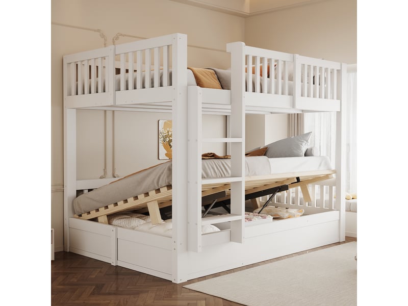 Lit superposé 140x200 cm, coffre de rangement sous le couchage inférieur, sommier relevable à vérins, pin et mdf, blanc OMNIGLINT TRADING LTD - Conforama B
