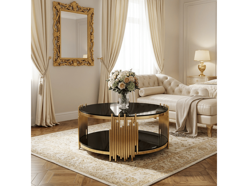  Table basse en verre noir double plateau en verre base en acier doré plateau rond style luxe table de centre  - Conforama B