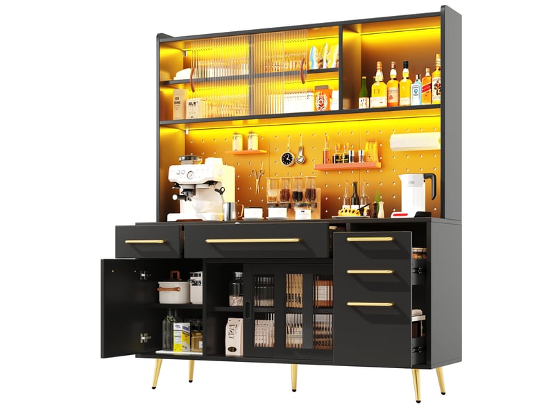 Buffet haut led avec pegboard, 2 tiroirs et portes coulissantes, 145x39x171 cm, mdfverre, noir  - Conforama A