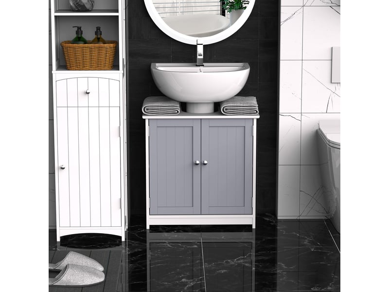  Meuble sous lavabo 60 x 30 x 60 cm avec découpe en u, blanc et gris  - Conforama C