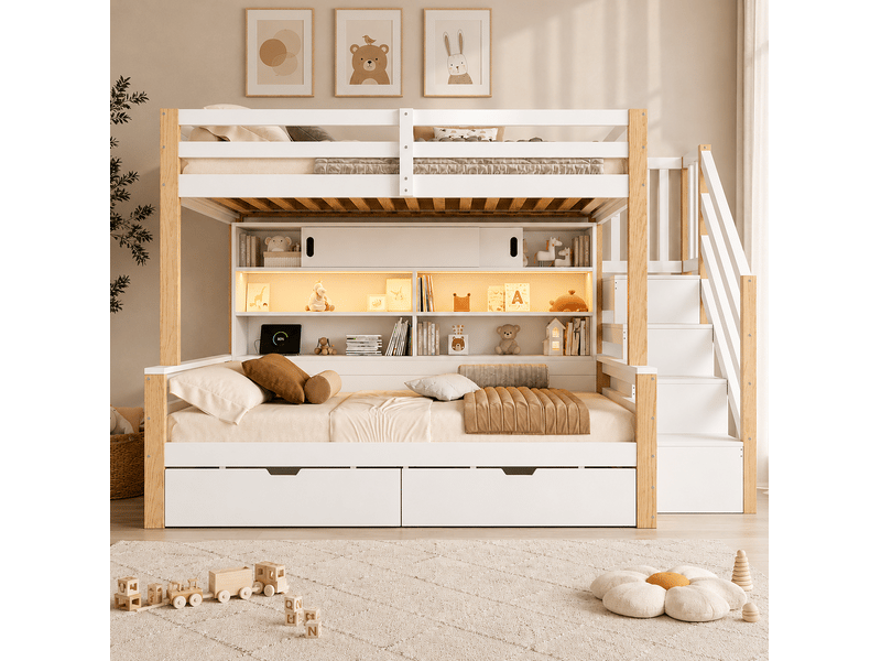  Lit superposé 90 × 200 cm et 90 × 200 cm 2 places avec escalier rangement, led, usb et type-c, sans matelas  - Conforama C