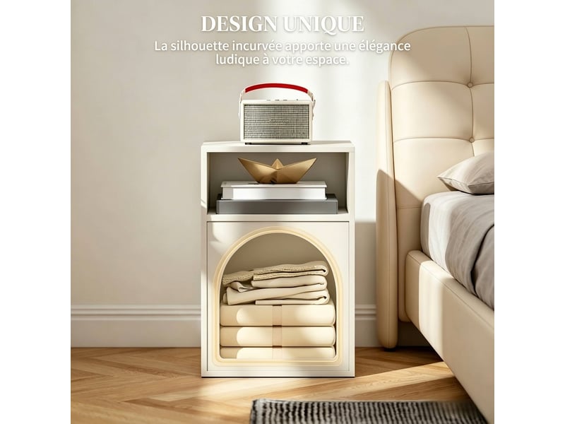  Table de chevet crème avec niche ouverte, design arrondi en mdf, 40x30x60 cm  - Conforama E