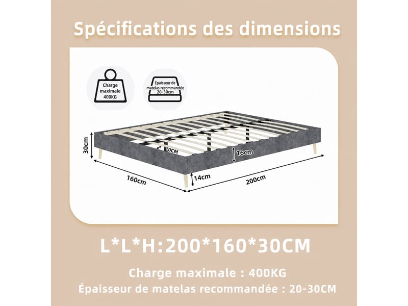  Cadre de lit 160x200 cm, design moderne, 2 places, velours hollandais, couleur gris, sans matelas  - Conforama C