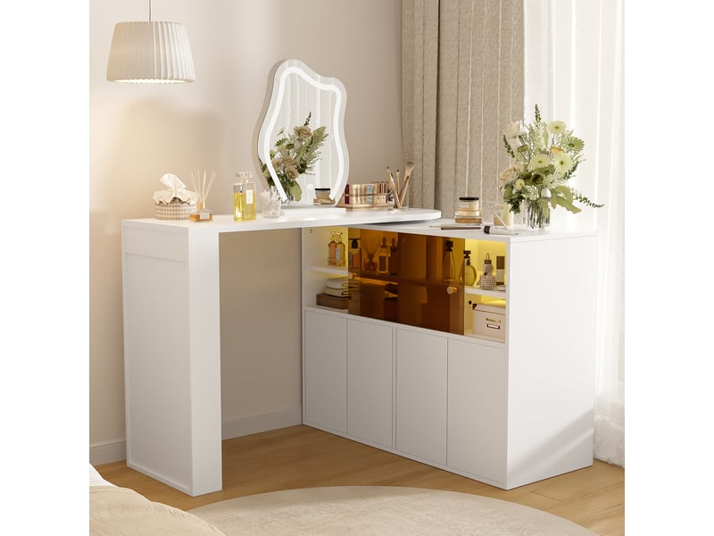  Coiffeuse pivotante 177 cm avec miroir led - bureau modulable en l, grand rangement à étagères et placards éclairés - blanc  - Conforama B
