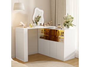 Coiffeuse pivotante 177 cm avec miroir led - bureau modulable en l, grand rangement à étagères et placards éclairés - blanc