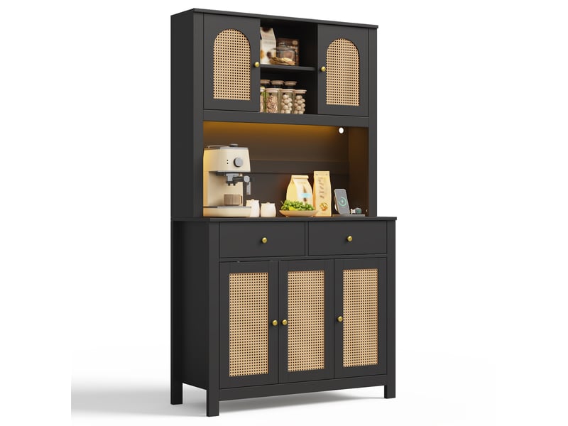  Buffet haut noir en mdf avec 5 portes en paille, 2 tiroirs, led rgb et prises usb, pour cuisine et séjour  - Conforama A